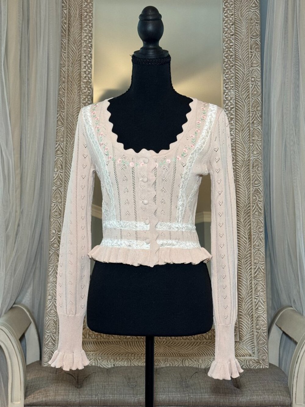 For Love & Lemons Pink Pointelle Cardigan Top S Coquette Floral - Picture 2 of 10